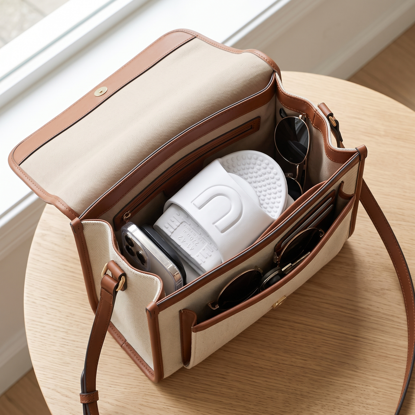 Folded Pocket Slippers inside an open handbag with everyday essentials / Chaussons Pocket pliés dans un sac ouvert / Zusammengefaltete Pocket Slippers in einer offenen Handtasche