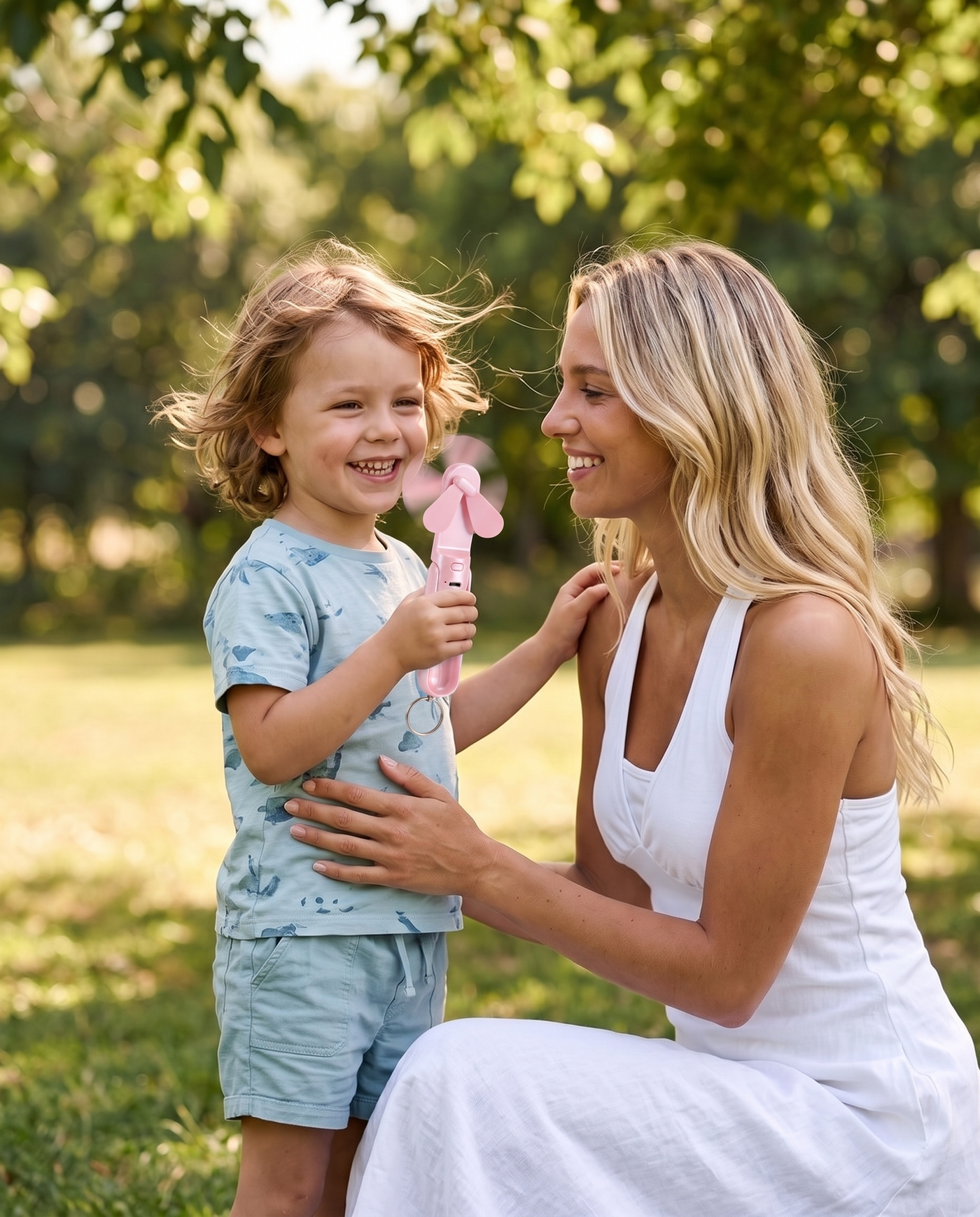 Pocket Fan in Pink, mum and child cooling off