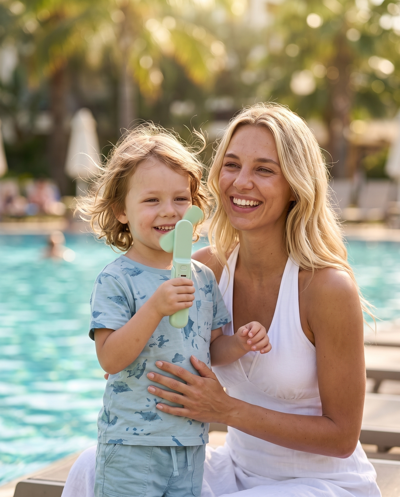A child cooling off with the Pocket Fan by the pool