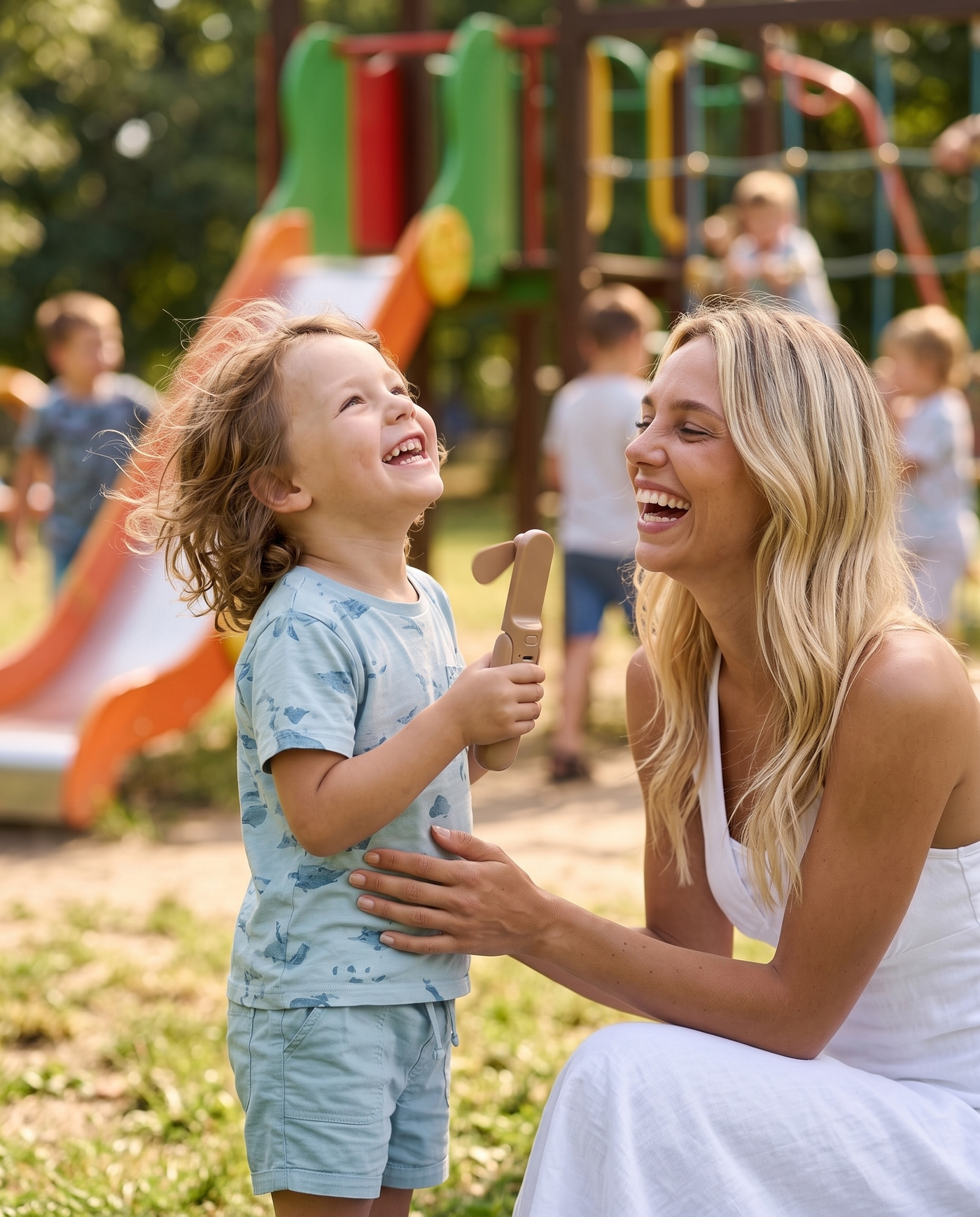 A child cooling off with the Pocket Fan at the playground