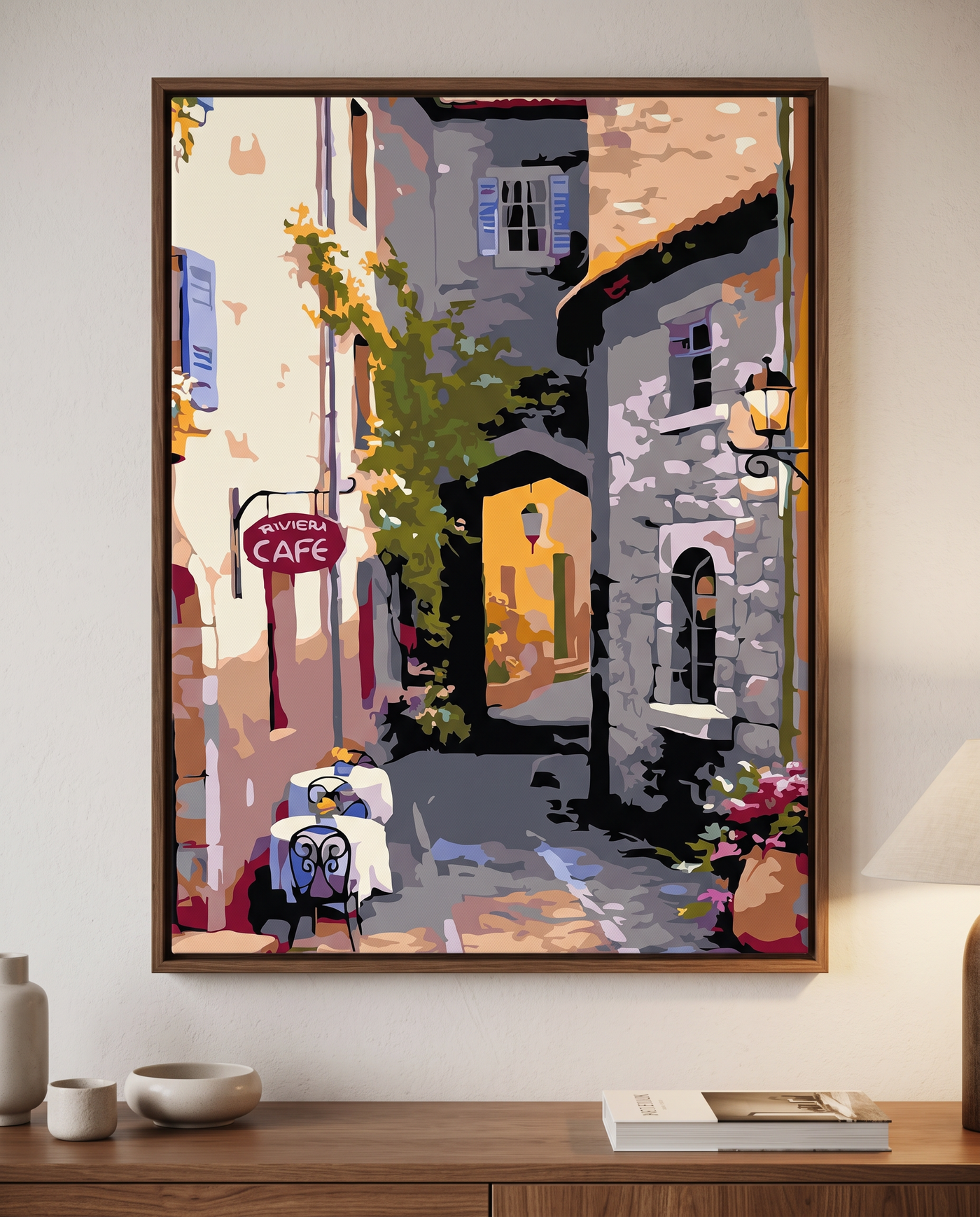 Riviera Café paint by numbers, framed on the wall