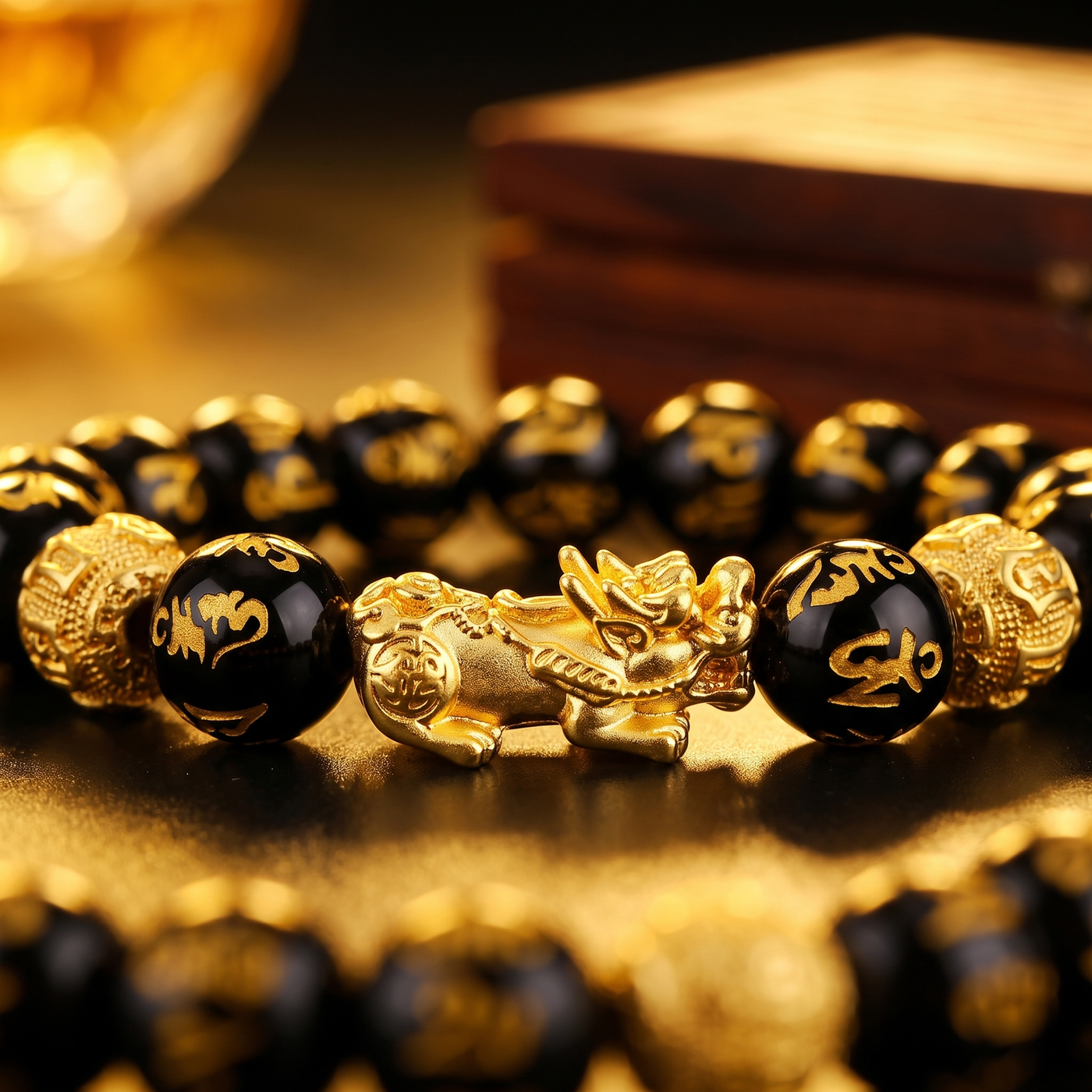 Close-up of the black obsidian beads and gold Pi Xiu charm