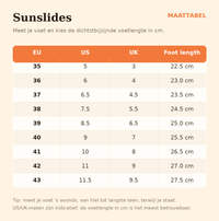 Sunslides maattabel: EU, US, UK en voetlengte in cm