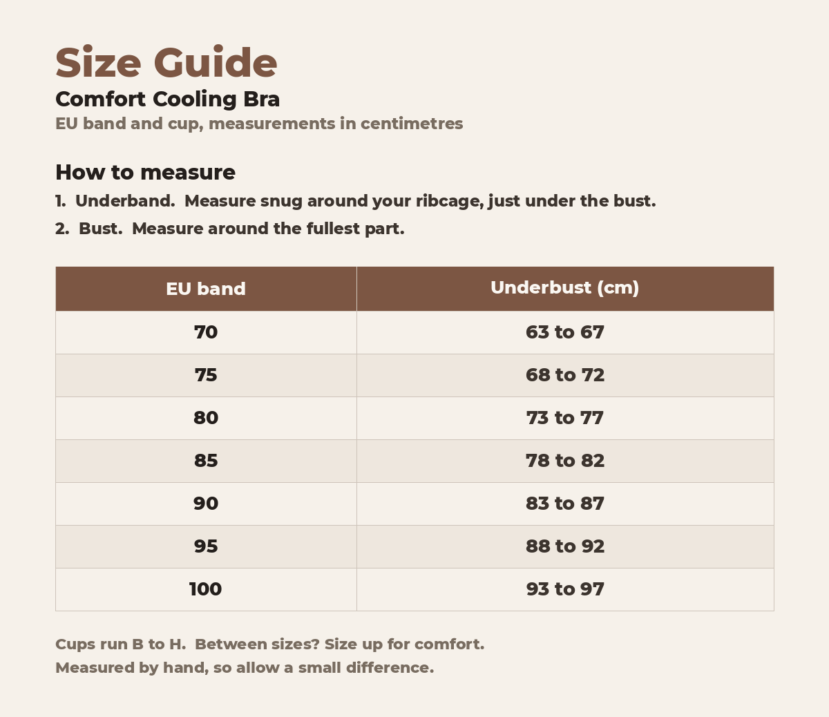 Comfort Cooling Bra, size guide
