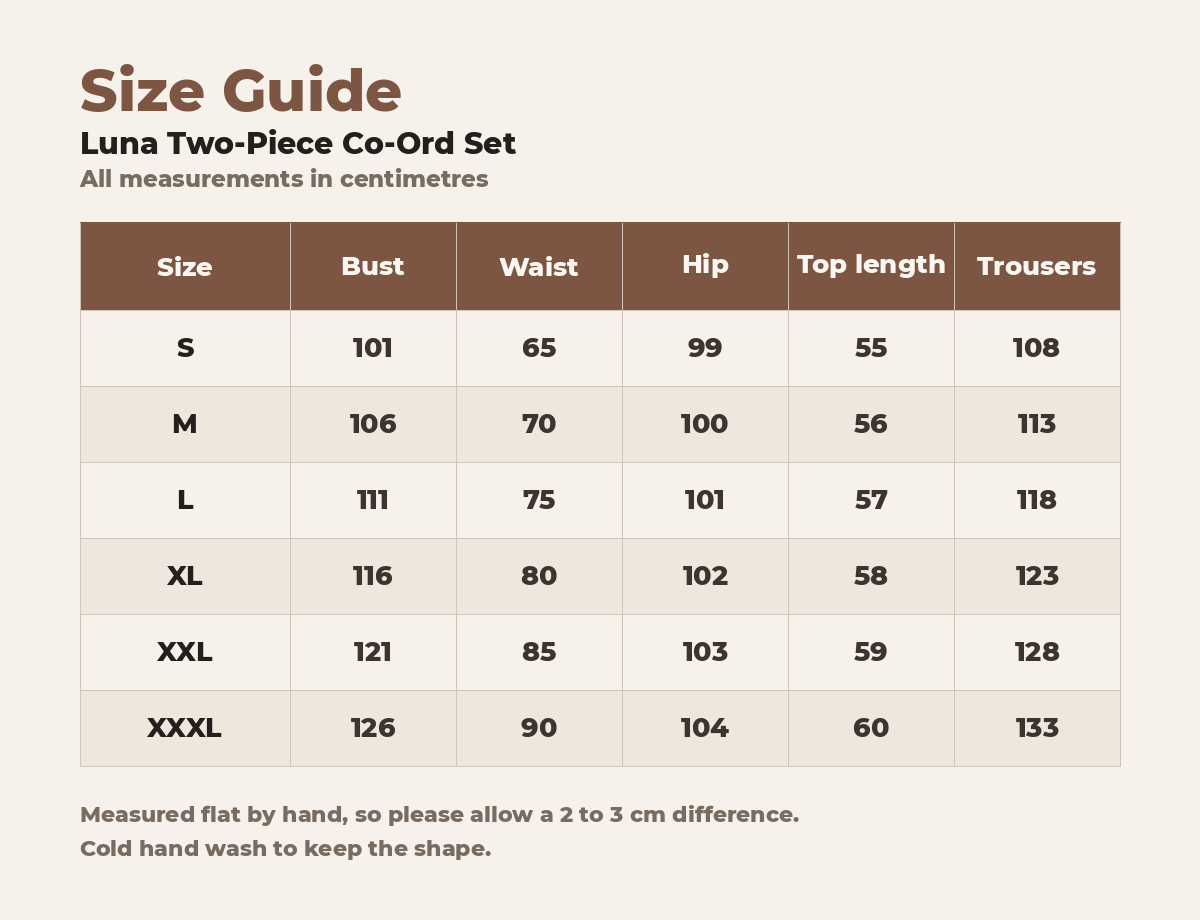 Luna Two-Piece Co-Ord Set, size guide