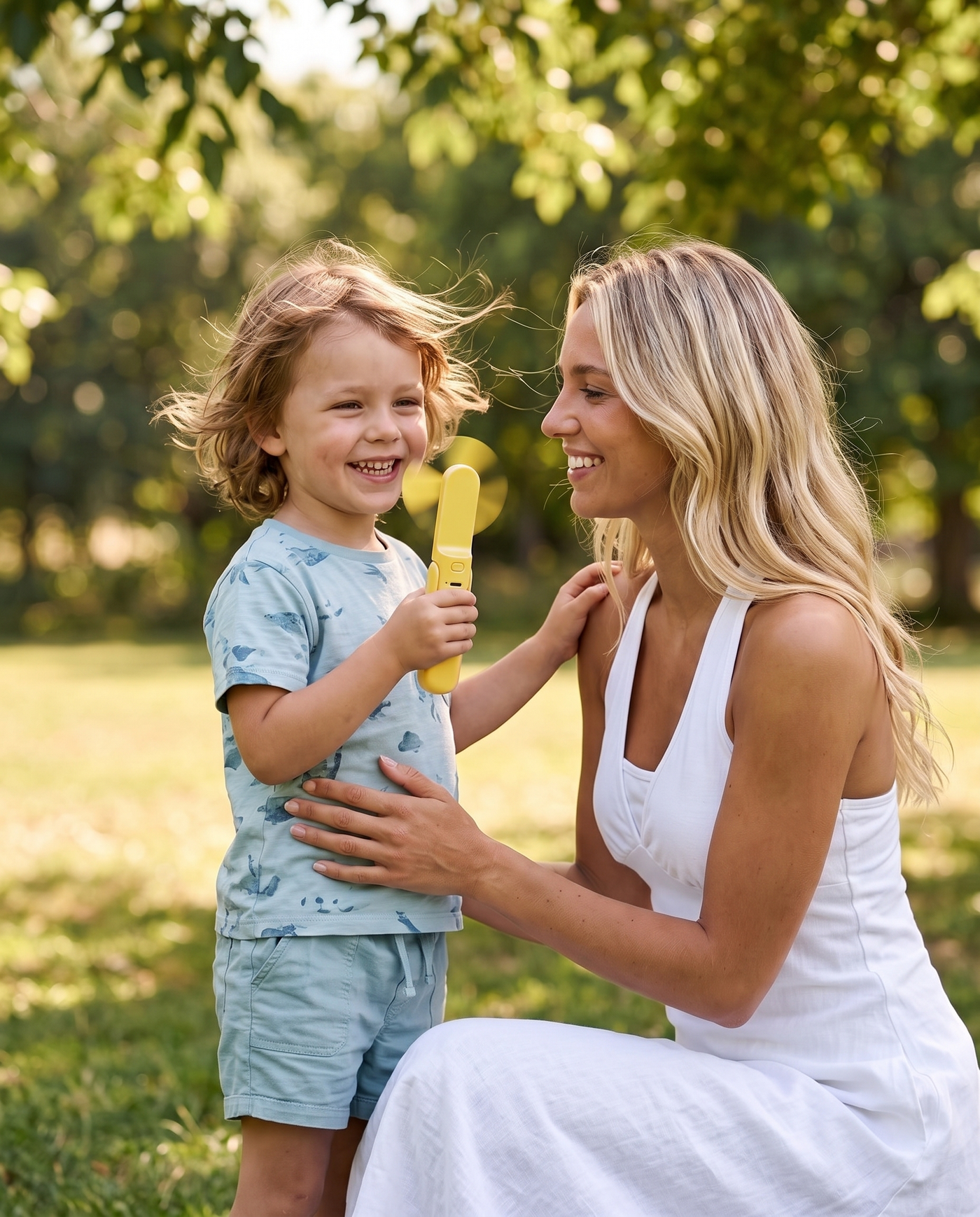 Pocket Fan in Yellow, mum and child cooling off