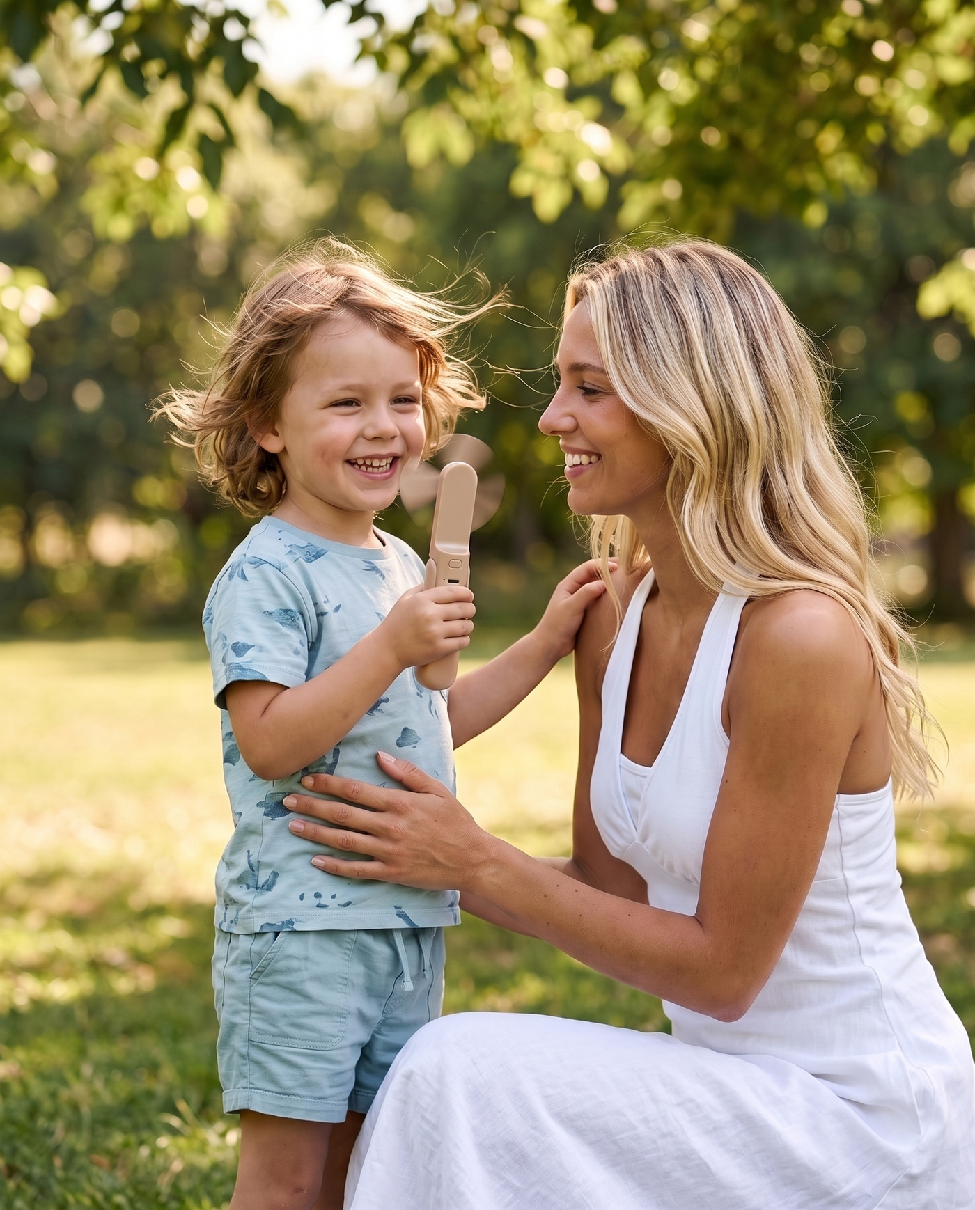 Pocket Fan in Brown, mum and child cooling off