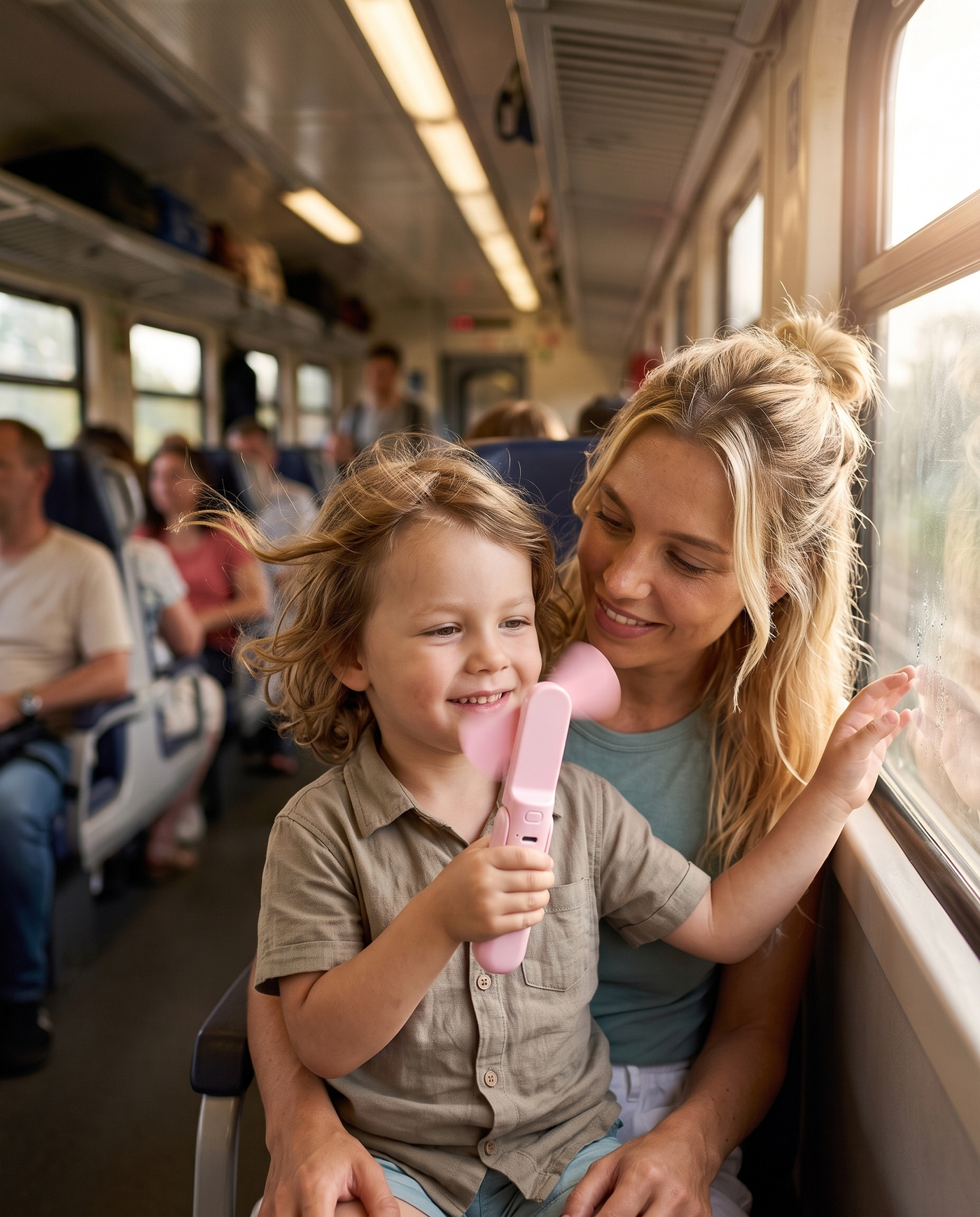A child cooling off with the Pocket Fan on the train