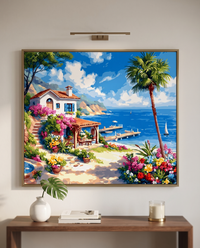 Mediterranean Bay paint by numbers, framed on the wall