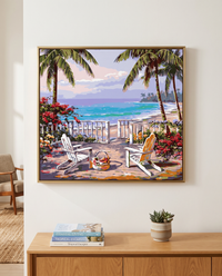 Tropical Beach paint by numbers, framed on the wall