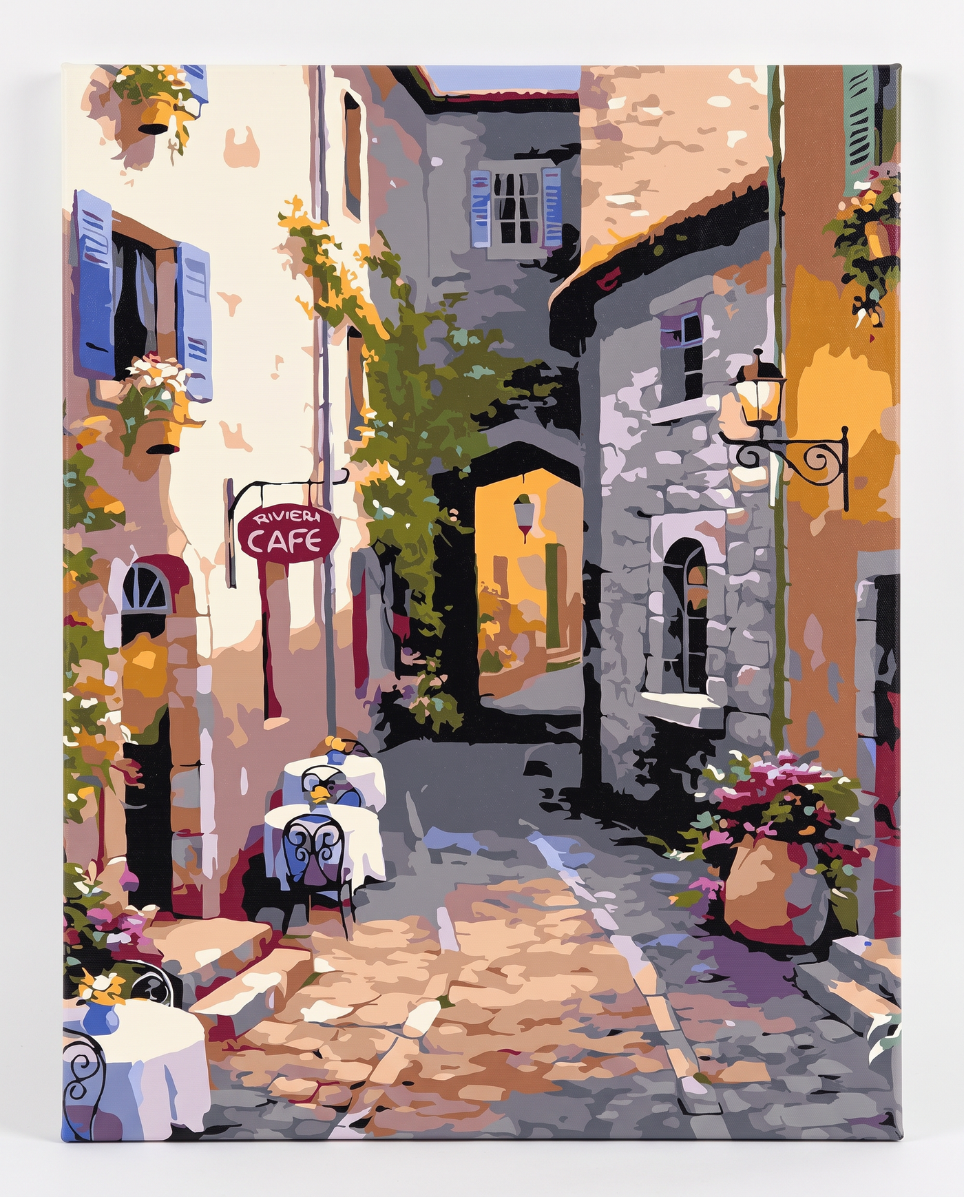 Riviera Café paint by numbers, finished canvas