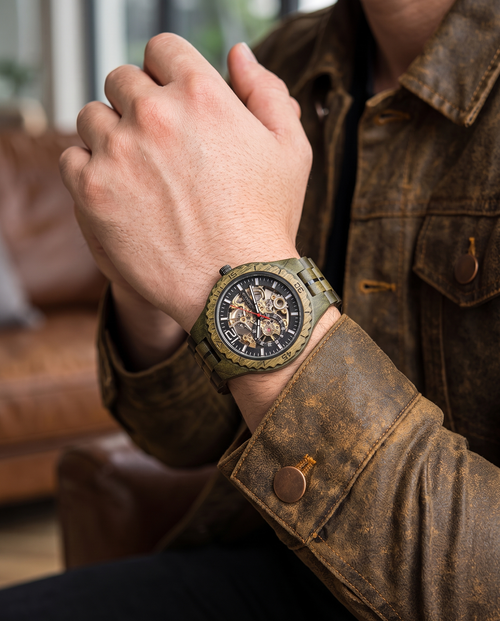 Green Sandalwood wooden watch worn on the wrist