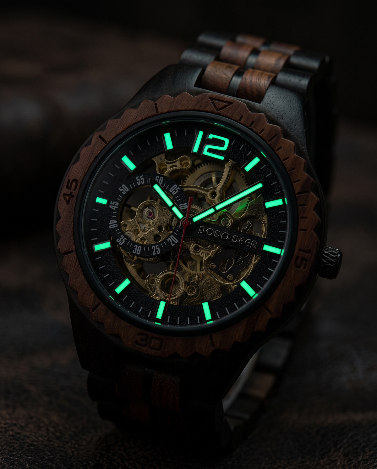 Green Sandalwood wooden watch, luminous hands at night