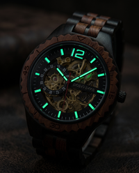Green Sandalwood wooden watch, luminous hands at night