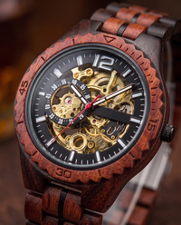 Red Wood wooden watch, wood grain and dial detail