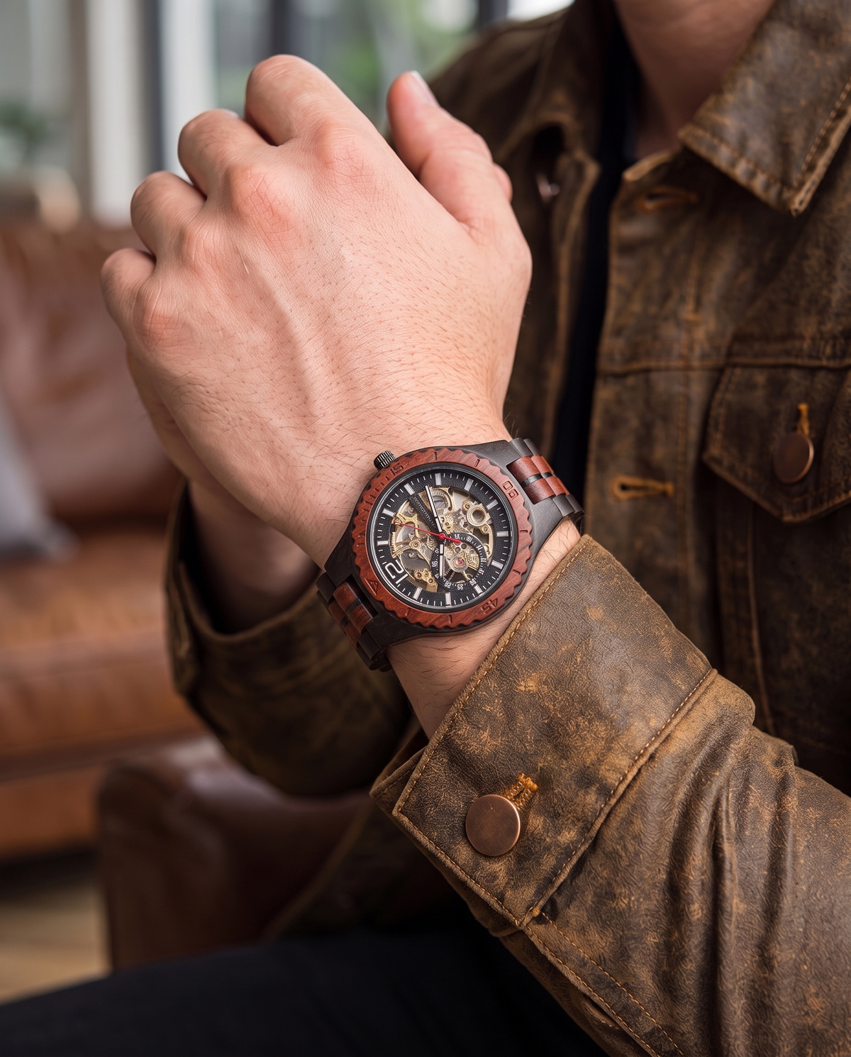 Red Wood wooden watch worn on the wrist