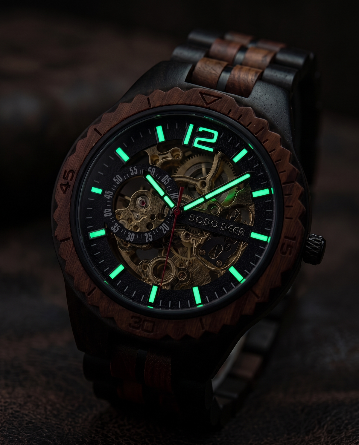 Red Wood wooden watch, luminous hands at night