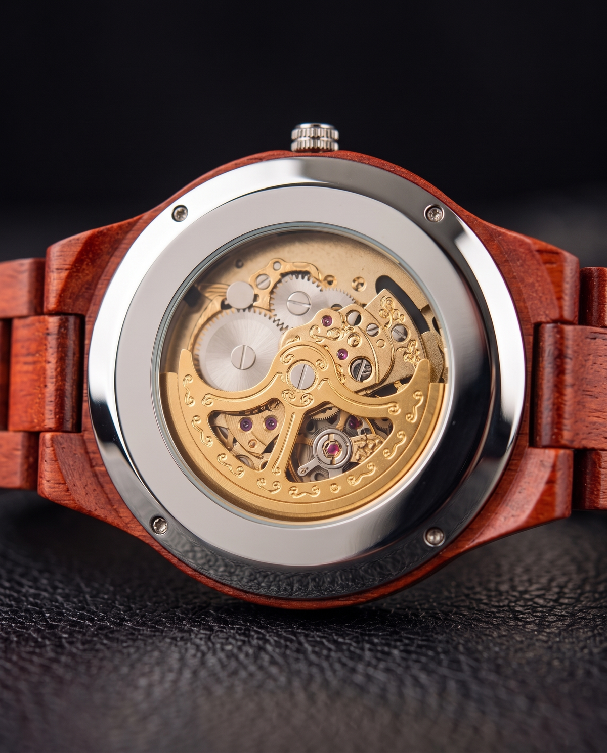 Red Wood wooden watch, automatic movement caseback