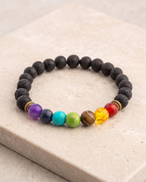 7 chakra diffuser bracelet with colourful chakra stones and black lava beads