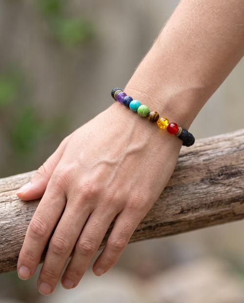 7 chakra diffuser bracelet worn on the wrist, serene mood
