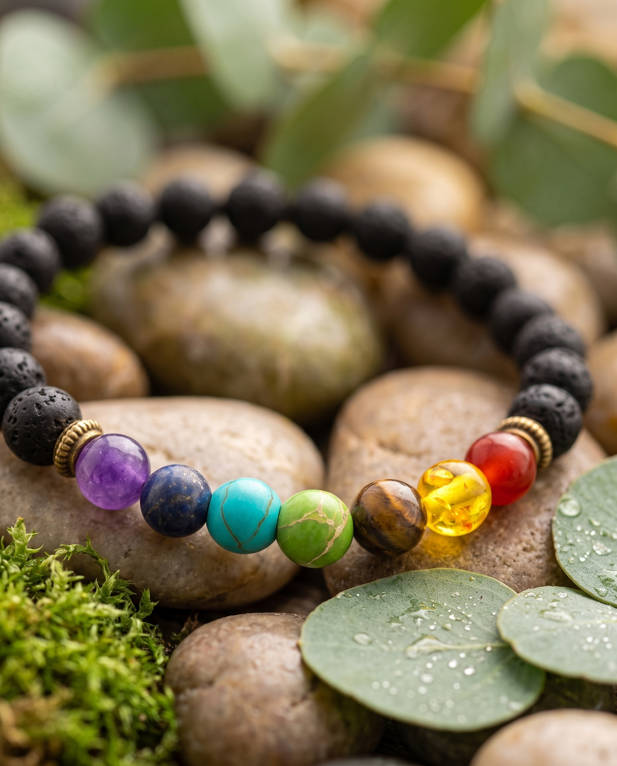 Close-up of the seven chakra gemstones and black lava beads