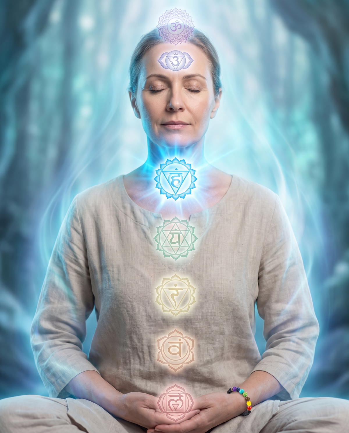 Woman wearing the 7 chakra bracelet with glowing chakra symbols, blue throat chakra brightest, cleansing the body