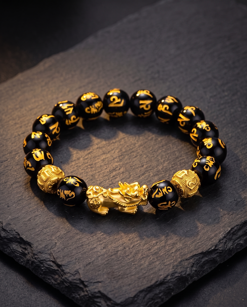 Feng Shui obsidian bracelet on a dark slate surface