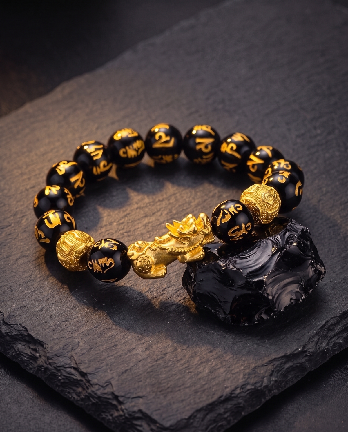 Raw black obsidian stone beside the Feng Shui obsidian bracelet
