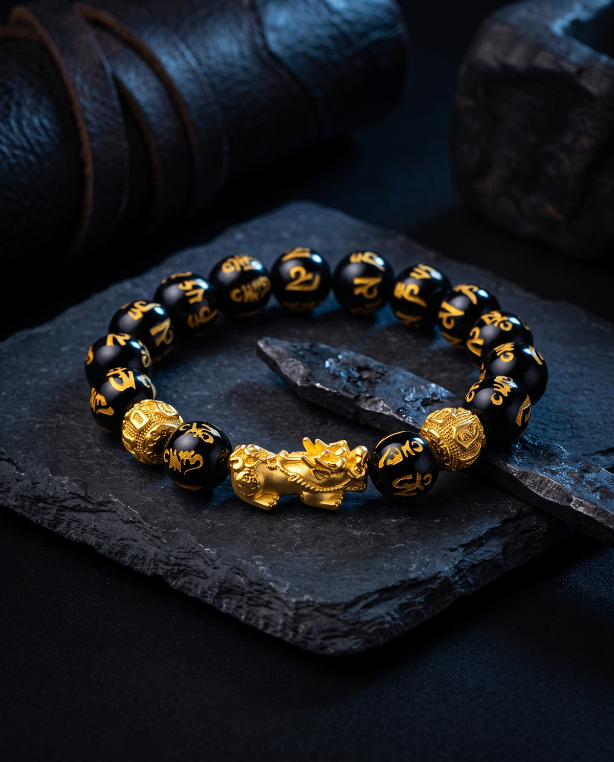 Feng Shui obsidian bracelet in a dark, powerful, protective setting