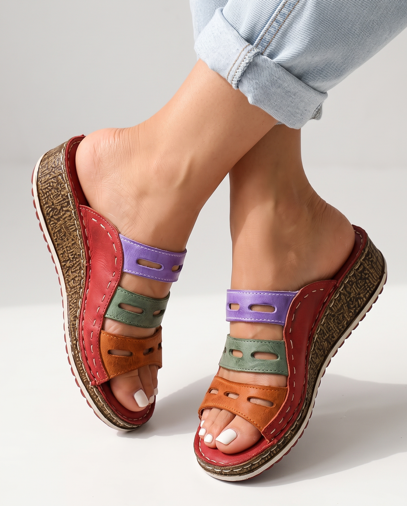 Sunslides Red sandals worn on feet