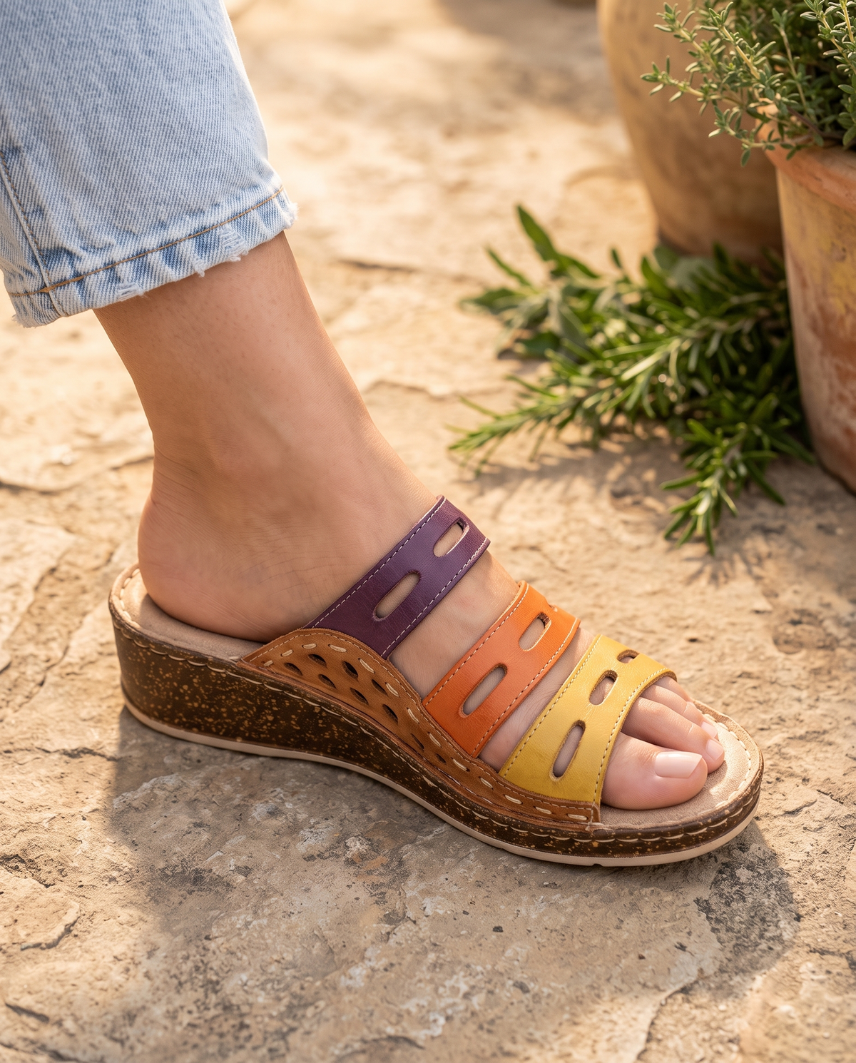 Close lifestyle detail of a foot in a brown Sunslides sandal showing the cushioned footbed