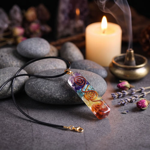 7 Chakra Healing Orgonite Necklace on a spiritual altar with candle and incense