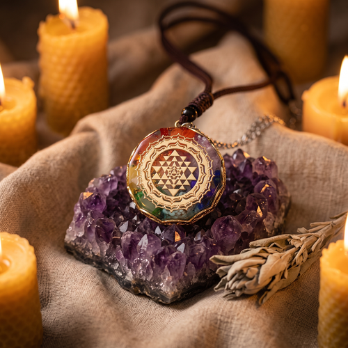 Natural Healing Crystal Necklace resting on amethyst crystal by candlelight