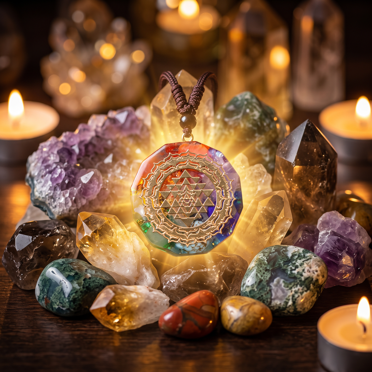Healing crystals glowing with warm golden light, abundance energy