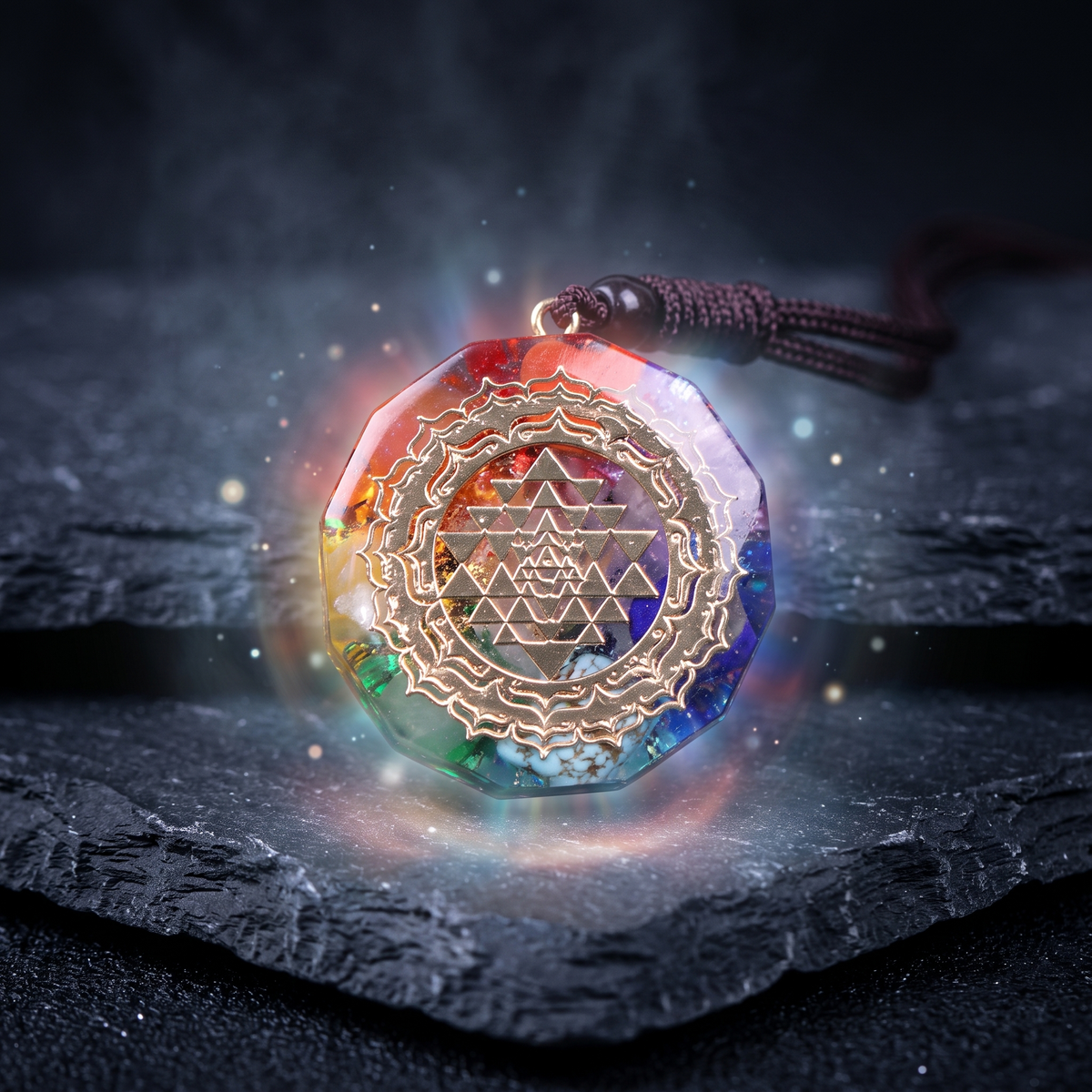 Raw healing crystal necklace with a soft protective aura of light