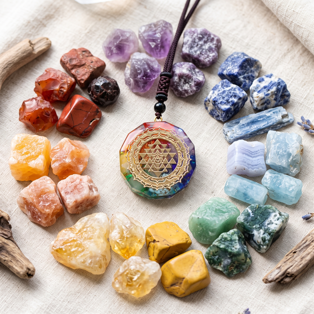 Raw natural gemstones in the seven chakra colours, each unique