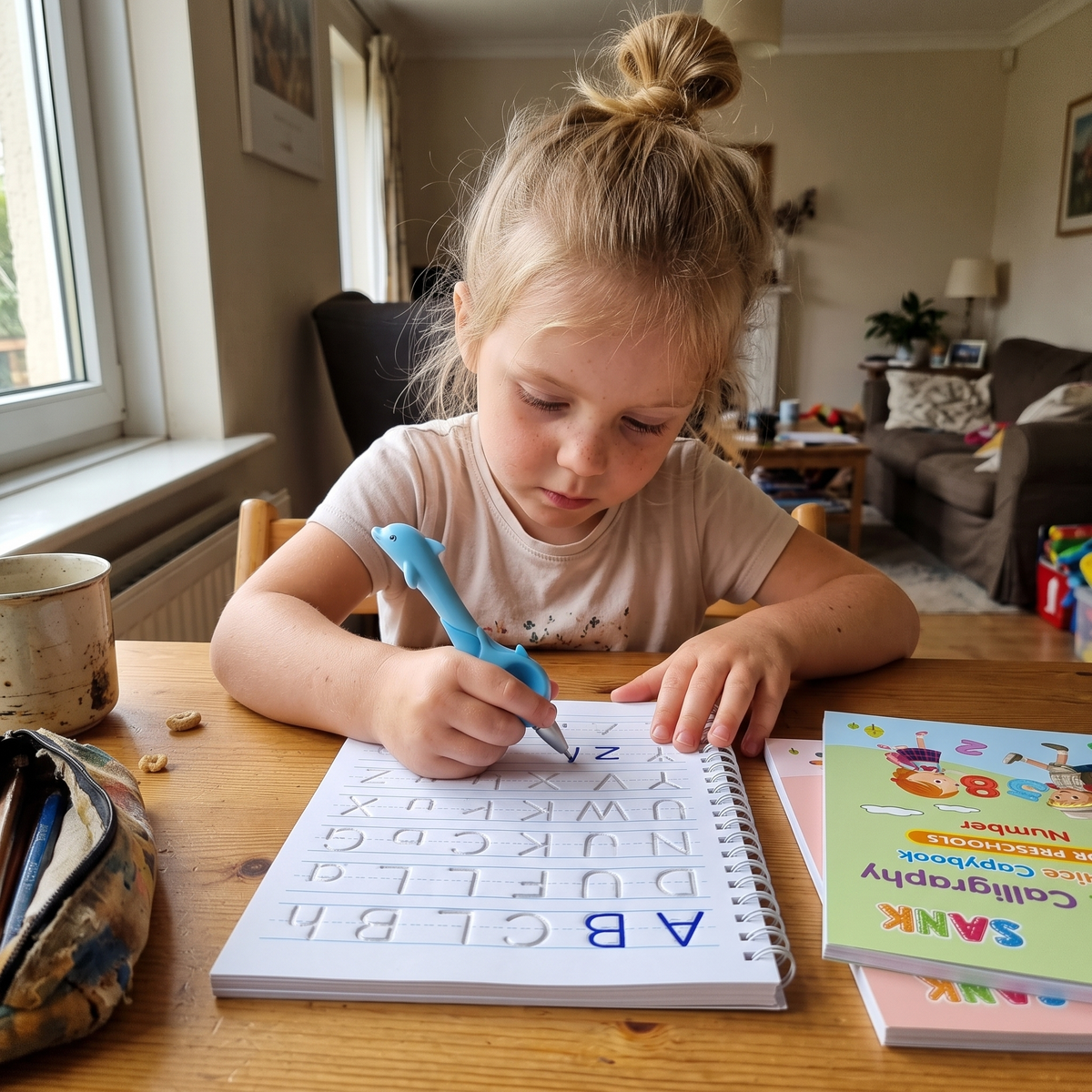 Child tracing English letters, a head start in English