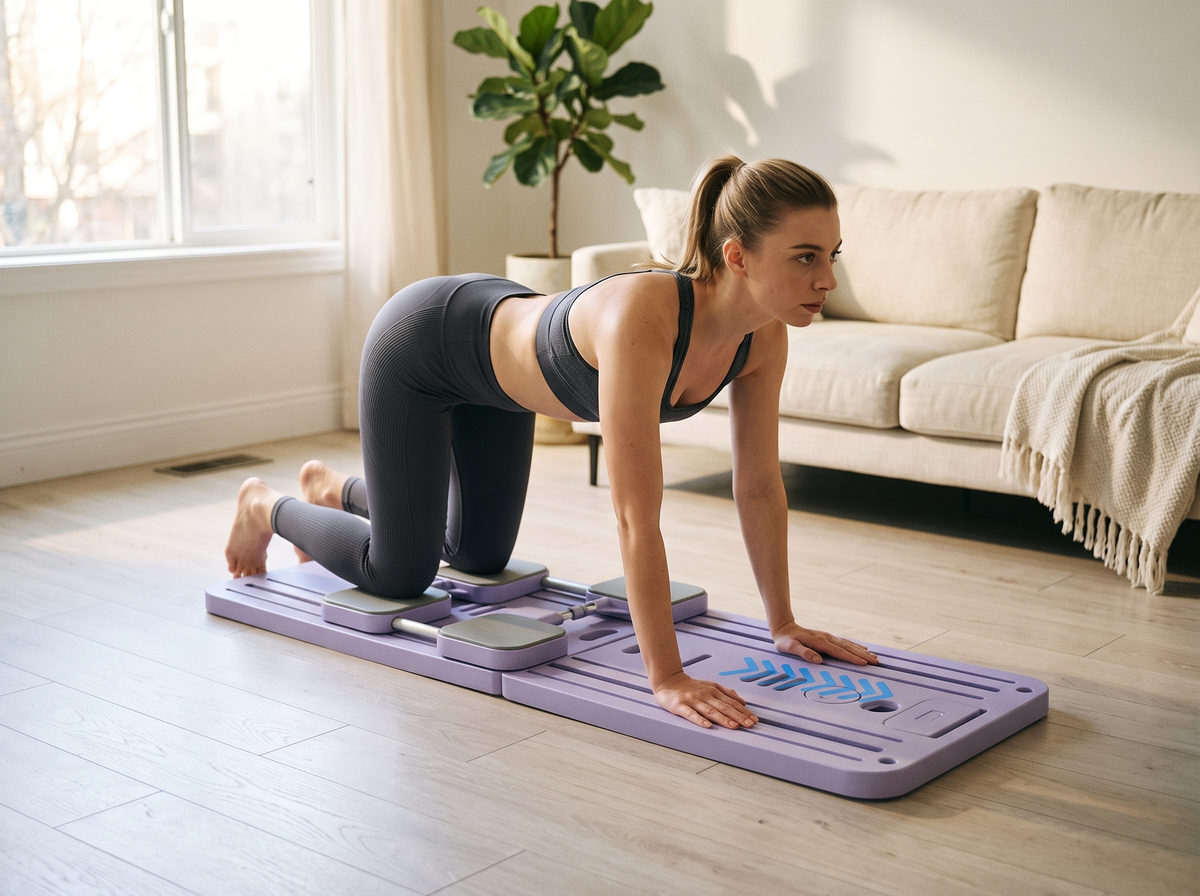 Pilates movement on the board in a living room